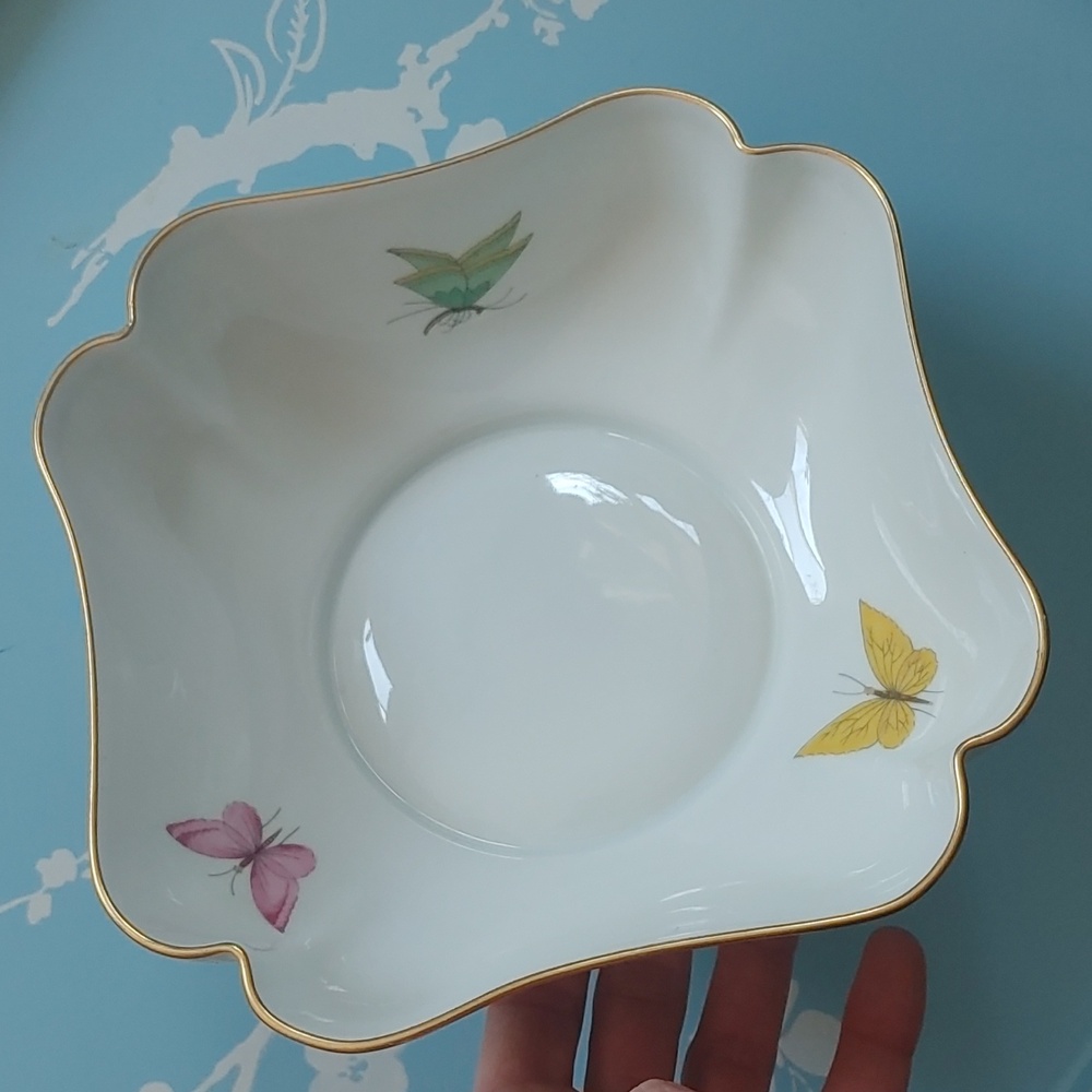 Antique Vtg Limoges France A. Vignaud Square Scalloped Butterfly Bowl 22kt Trim